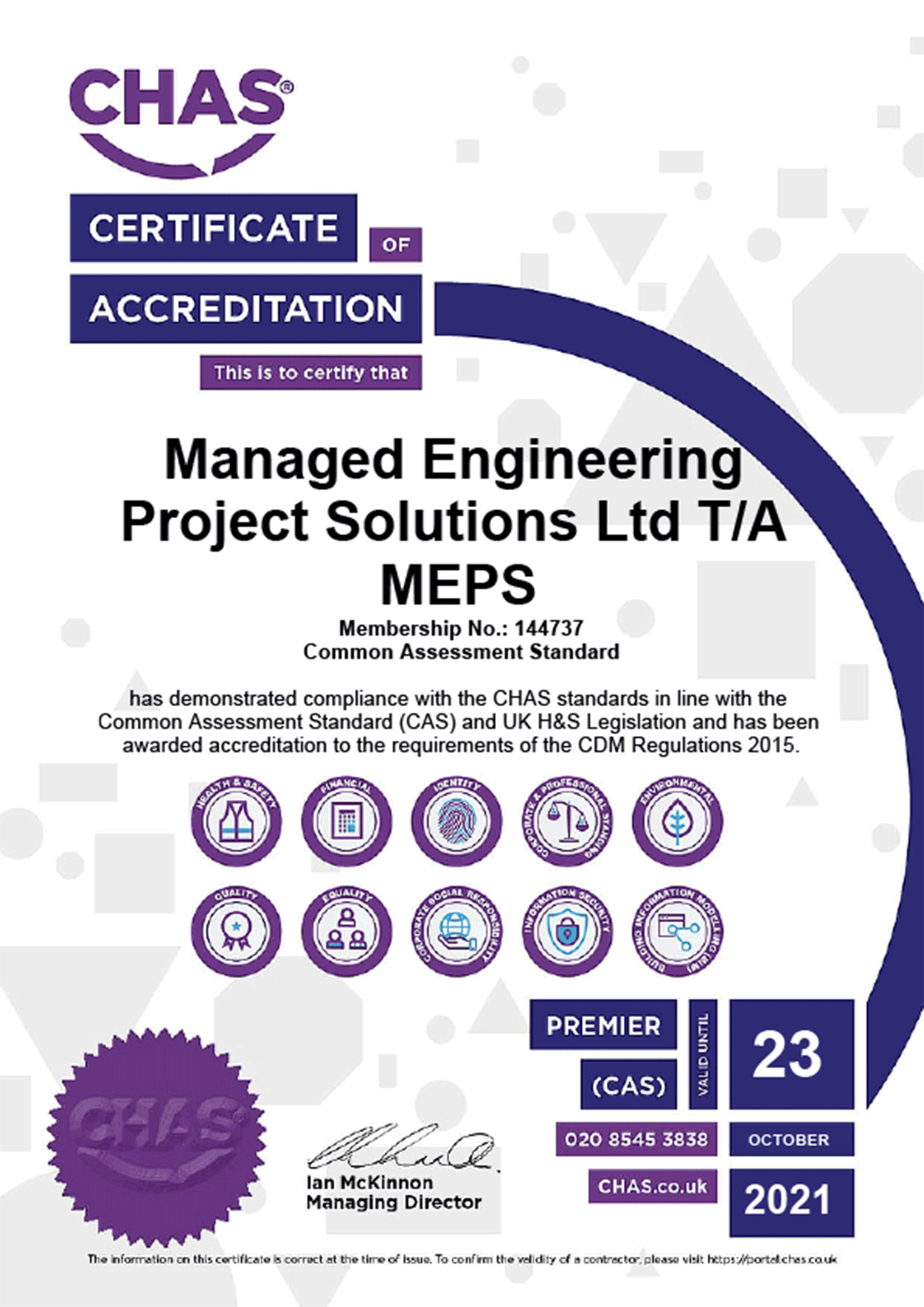 CHAS CAS Accreditation Certificate MEPS Limited