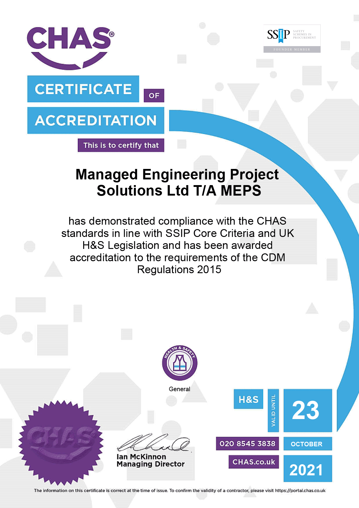 CHAS Accreditation Certificate MEPS Limited