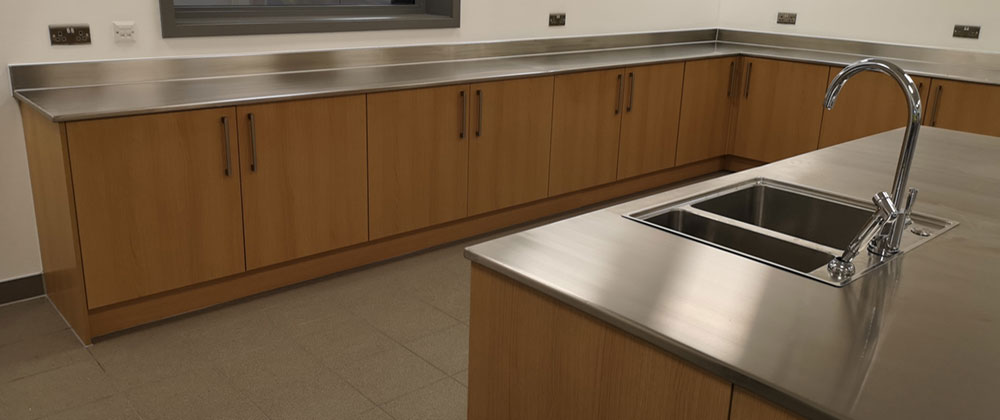 Polished steel kitchen work surface